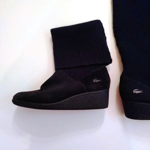 Lacoste 🐊 Navy Blue Suede Wedge Booties with Cuffed Wool Tops